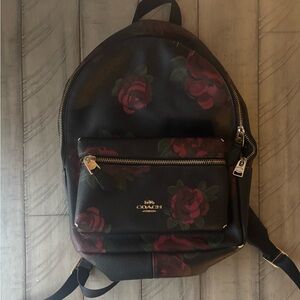 Coach Mini Backpack Black and Red Rose Floral Backpack